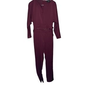 BGL Burgundy Office Solid Color Long Sleeve Squareneck Jumpsuit with Belt Sz S